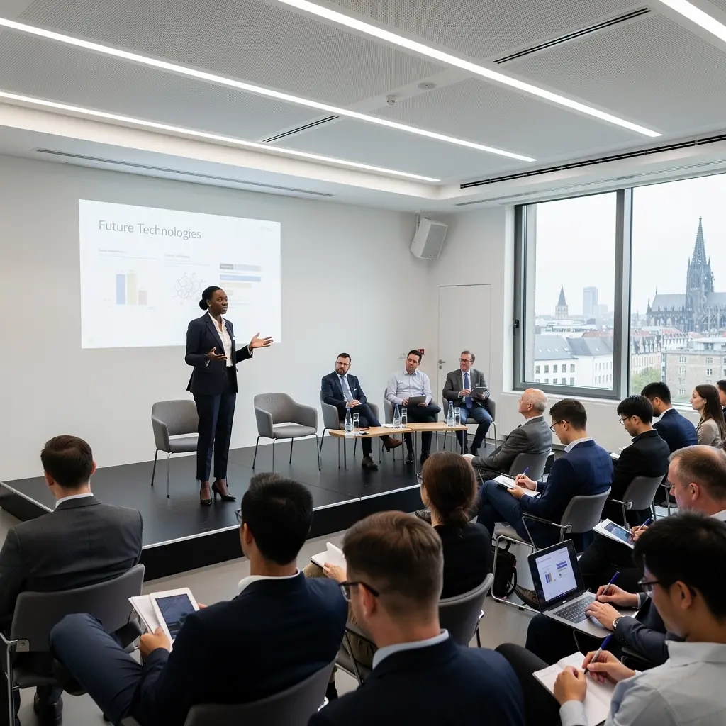 Eine Nahaufnahme von Notizen und Dokumenten, die während einer Panel-Diskussion auf einem Tisch liegen.