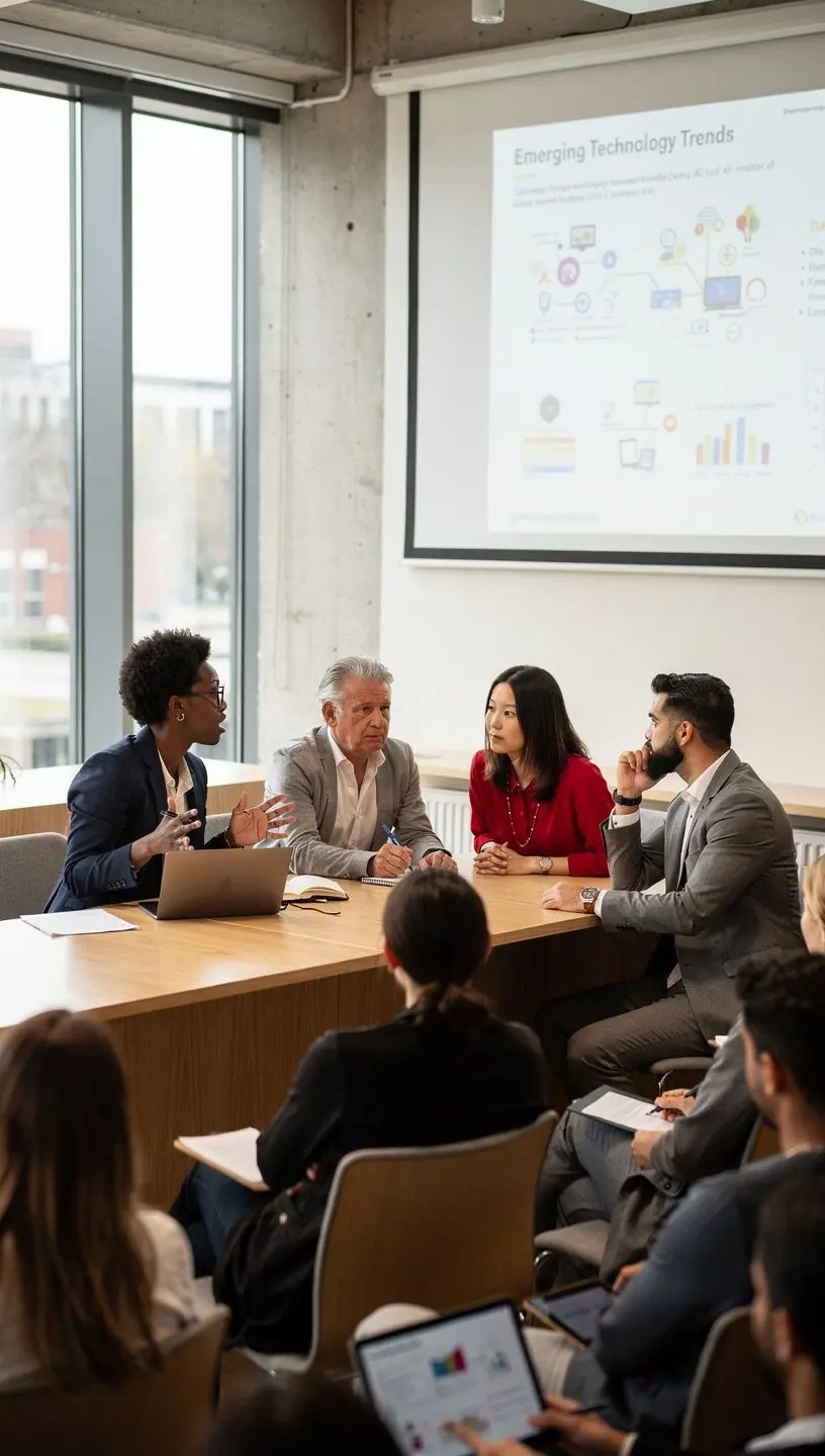Ein Podium mit Rednern, die über innovative Technologien sprechen.